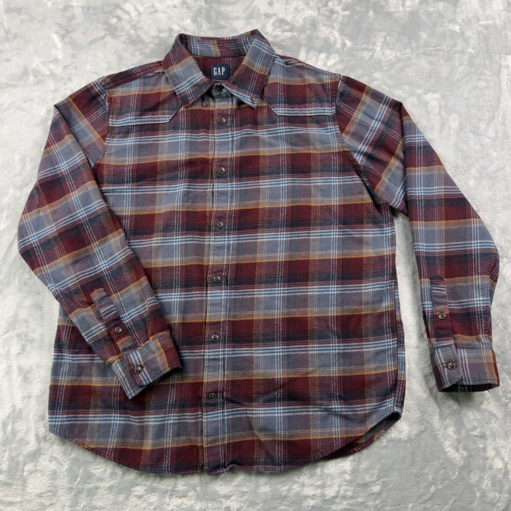 GAP Mens Large Flannel Shirt Organic Cotton Plaid Western Yoke Burgundy Blue